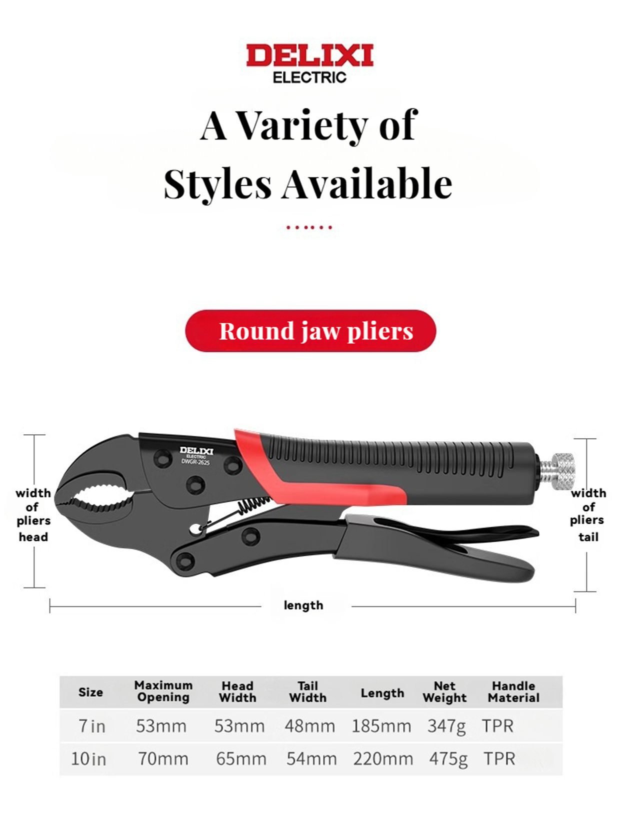 Round jaw pliers parameter