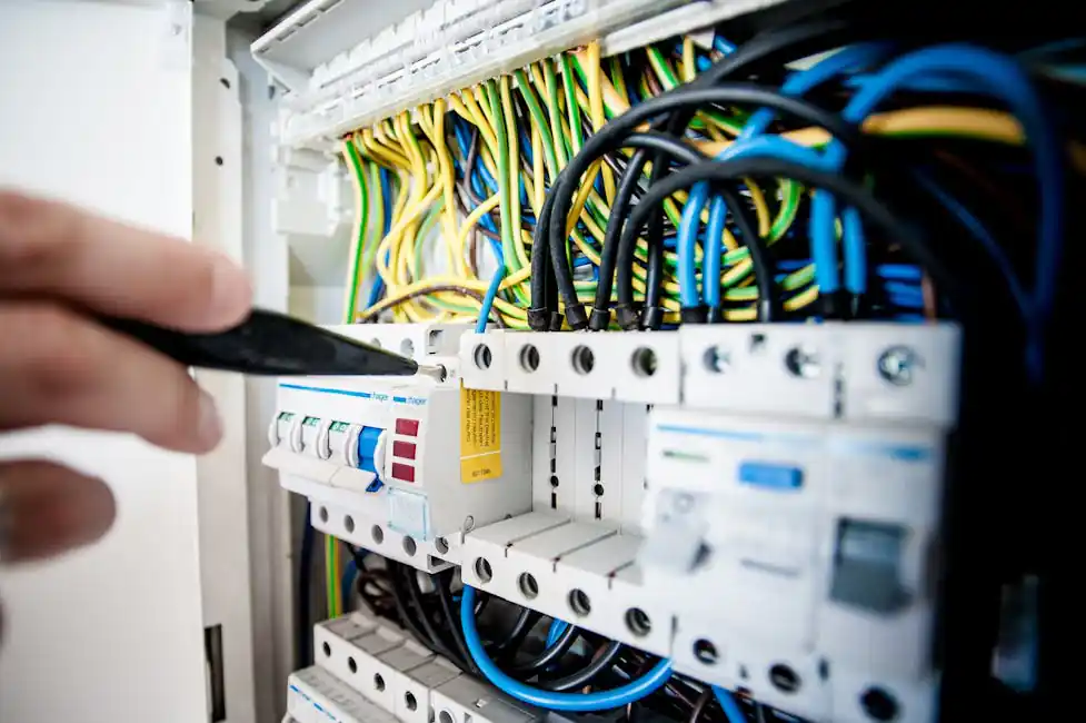 Electrician working on a circuit breaker panel during EV charger installation
